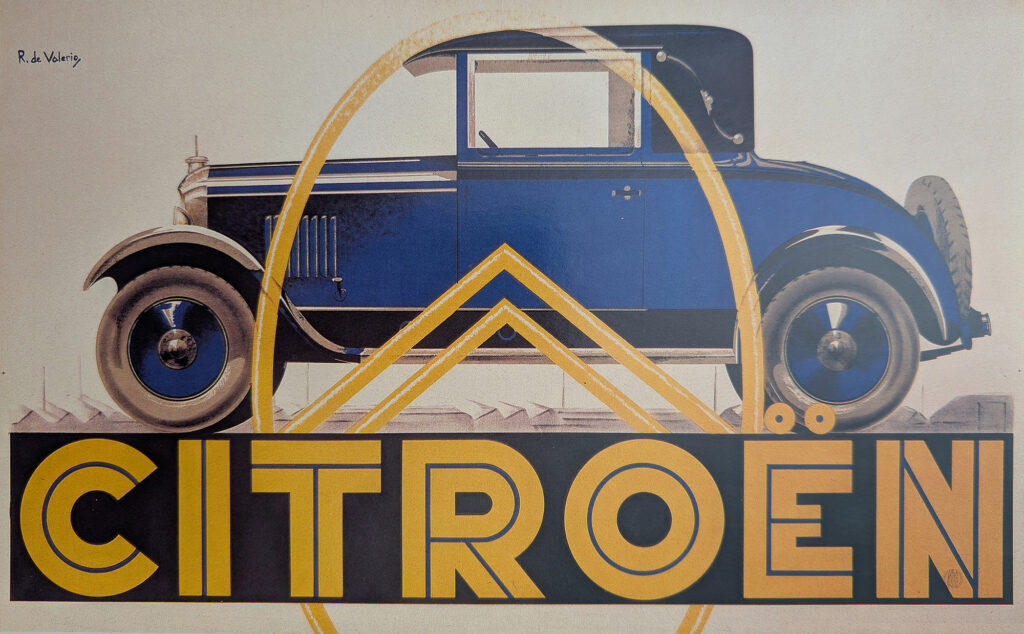 Publicité Citroën réalisée par l’illustrateur Roger de Valerio à propos du Cabriolet 2 places B14