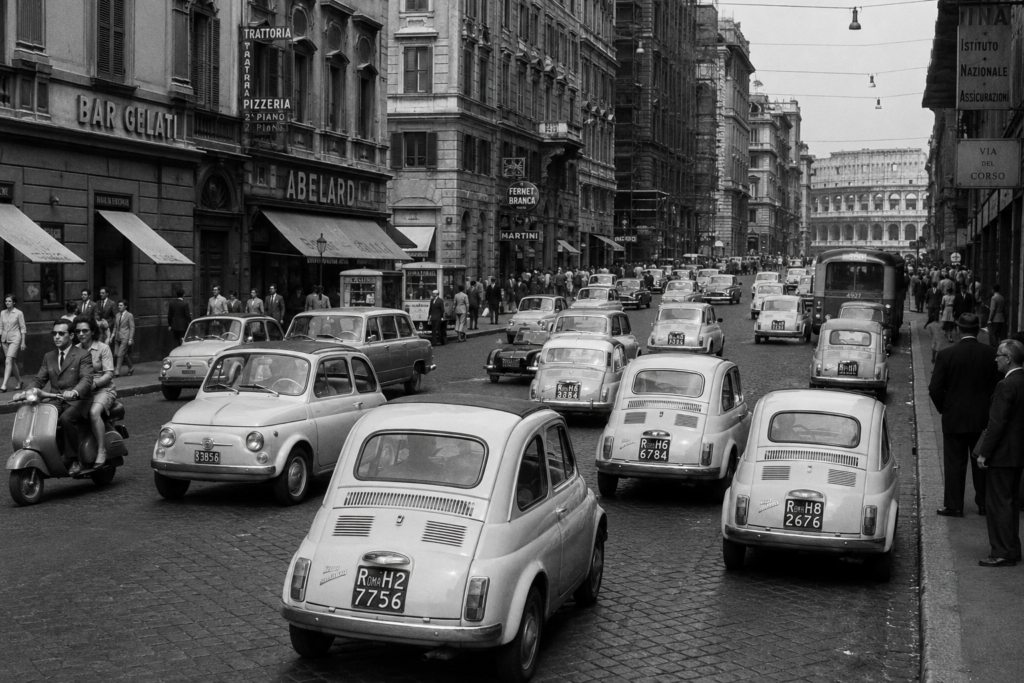 Maré de Fiat 500 devant le Colisée de Rome