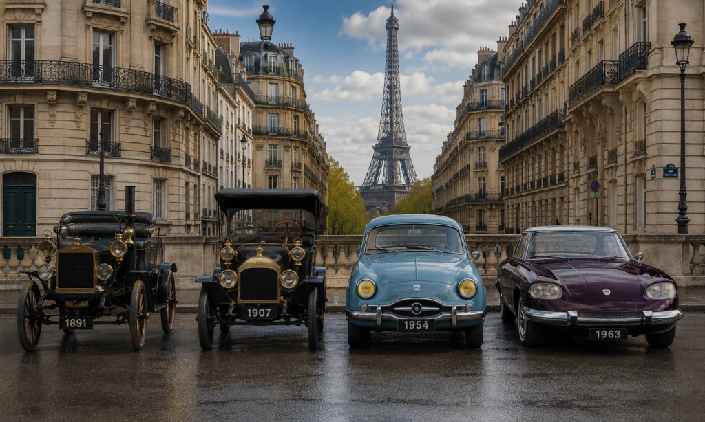 Quatre voitures de différentes époques illustrent l'évolution du design et de la technologie automobile devant la Tour Eiffel
